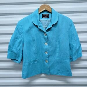 Vinci Clothiers Size 8 Womens Turquoise 100% Linen Short Sleeve Blazer Jacket‎
